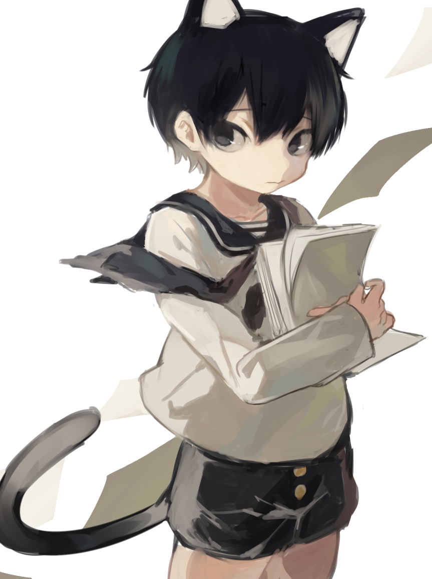 1boy animal_ears black_eyes black_hair black_neckerchief black_sailor_collar black_shorts cat_boy cat_ears cat_tail closed_mouth commentary_request cotono_(nazekun) cowboy_shot holding holding_paper long_sleeves male_focus neckerchief neko-kun_(cotono_(nazekun)) original paper papers sailor_collar sailor_shirt shirt shorts solo tail white_background white_shirt