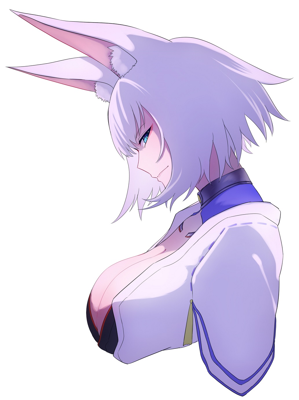 1girl animal_ear_fluff animal_ears azur_lane blue_eyes breasts cleavage commentary cropped_torso eyeliner from_side highres kaga_(azur_lane) large_breasts looking_at_viewer makeup red_eyeliner reizo_ne short_hair simple_background solo upper_body white_background white_hair