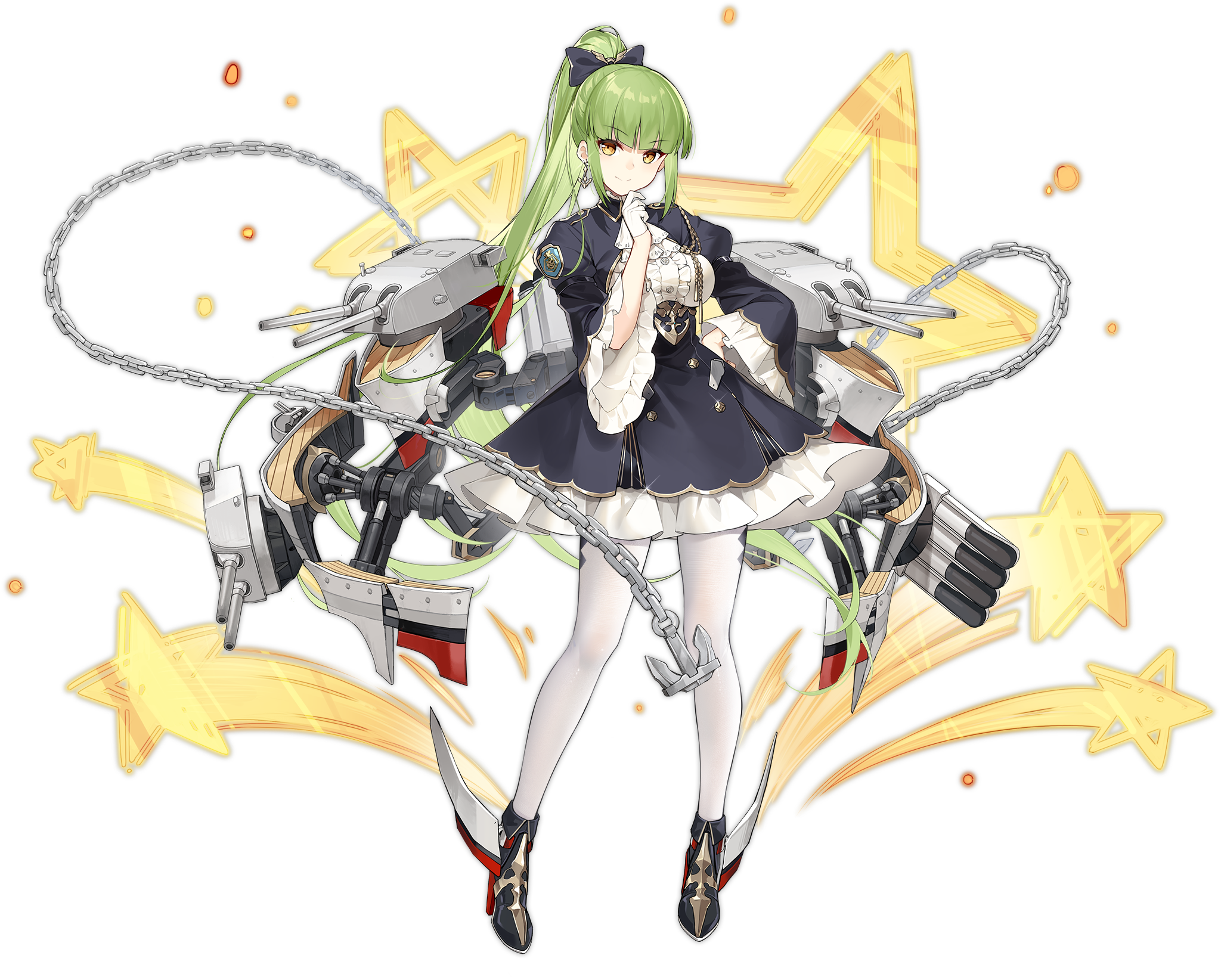 1girl azur_lane bow gloves green_hair hair_bow highres long_hair looking_at_viewer official_alternate_costume official_art pantyhose ponytail retrofit_(azur_lane) rigging shi-chen ship_turret shropshire_(azur_lane) shropshire_(retrofit)_(azur_lane) standing torpedo transparent_background white_gloves white_pantyhose yellow_eyes