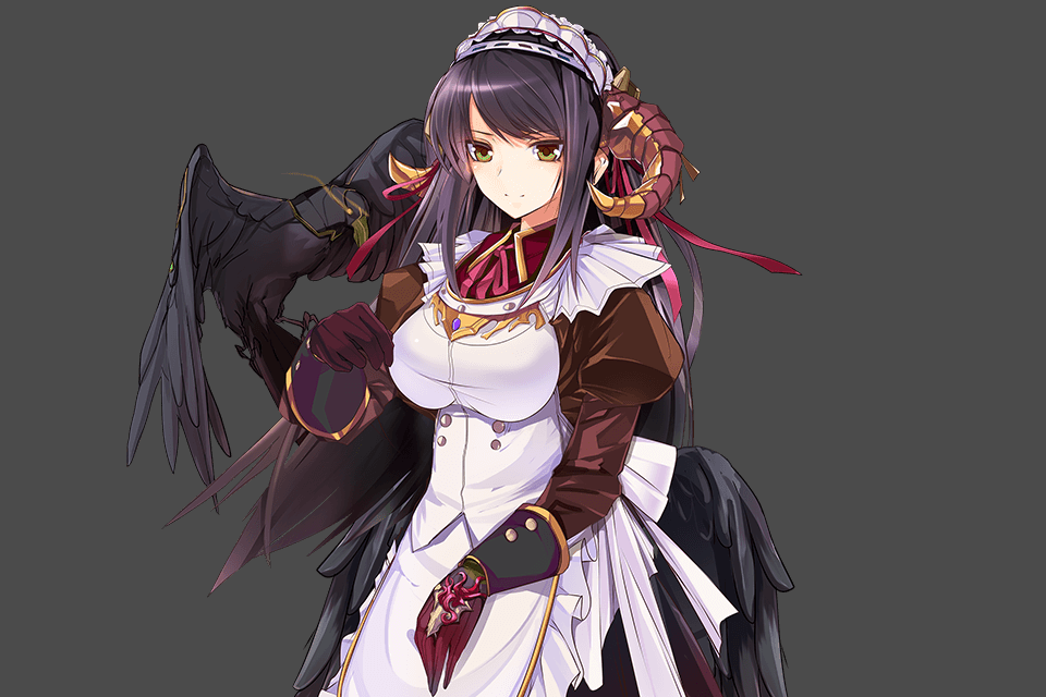 1girl amon_(kamihime) apron black_hair demon_girl frills green_eyes horns kamihime_project_r long_hair maid raven