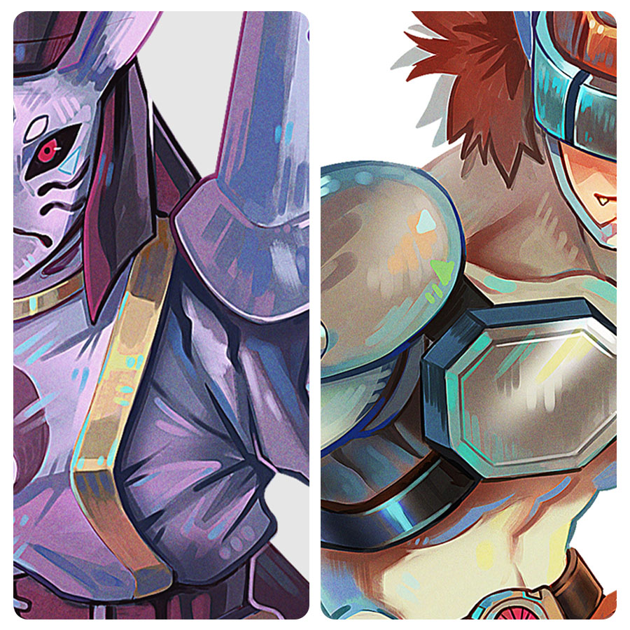armor black_sclera colored_sclera digimon digimon_(creature) doumon fang mask muscular red_eyes silphymon