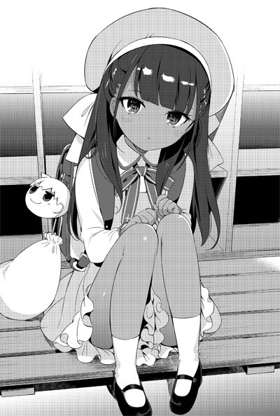 1girl dark-skinned_female dark_skin fate/strange_fake fate_(series) female_focus greyscale hair_ribbon hanabana_tsubomi hat jpeg_artifacts long_hair looking_at_viewer monochrome ribbon school_hat school_uniform sitting skirt solo stuffed_toy tine_chelc