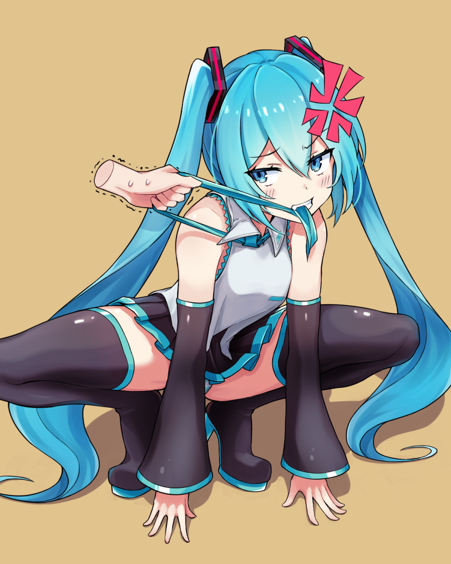 1girl anger_vein aqua_eyes aqua_hair aqua_necktie bare_shoulders black_skirt black_sleeves black_thighhighs boots brown_background clenched_teeth commentary detached_sleeves disembodied_hand grey_shirt hair_ornament hatsune_miku high_heels komashiro_n long_hair meme miniskirt mouth_hold necktie necktie_in_mouth panties pantyshot pleated_skirt pulling raised_eyebrow shirt sideways_glance skirt sleeveless sleeveless_shirt solo squatting striped_clothes striped_panties teeth thigh_boots thighhighs trembling twintails underwear very_long_hair vocaloid