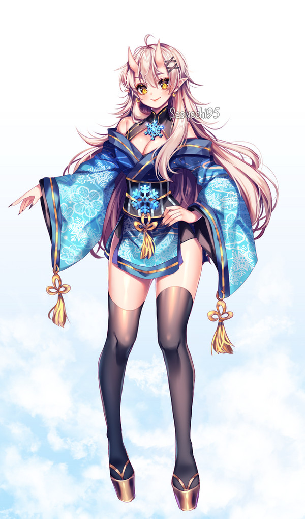 1girl ahoge artist_name bare_shoulders black_nails black_shorts black_thighhighs blue_background blue_kimono breasts brooch brown_hair cleavage cleavage_cutout closed_mouth clothing_cutout cloud commentary double-parted_bangs earrings english_commentary full_body gold_sandals gradient_background hair_between_eyes hair_ornament hair_over_shoulder hand_on_own_hip horns japanese_clothes jewelry kimono long_hair long_sleeves looking_at_viewer nail_polish original pointy_ears sandals sasucchi95 shiny_clothes shiny_legwear short_shorts shorts side_slit simple_background skin-covered_horns smile snowflake_brooch solo standing thighhighs white_background wide_sleeves x_hair_ornament yellow_eyes yuki_(sasucchi95)