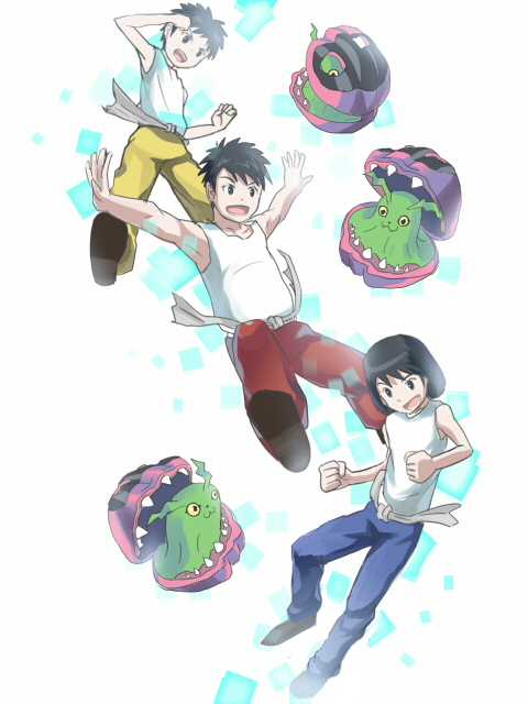 antennae black_eyes black_hair digimon digimon_(creature) hoi_brothers shakomon sharp_teeth teeth triplets