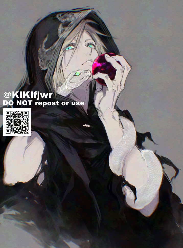 1boy animalization aqua_eyes black_robe blonde_hair cloud_strife final_fantasy final_fantasy_vii final_fantasy_vii_remake food fruit green_eyes grey_background hair_between_eyes holding holding_food holding_fruit hood hood_up hooded_robe kiki_lala pale_skin parted_lips qr_code robe sephiroth short_hair slit_pupils snake solo torn_clothes torn_robe twitter_username upper_body