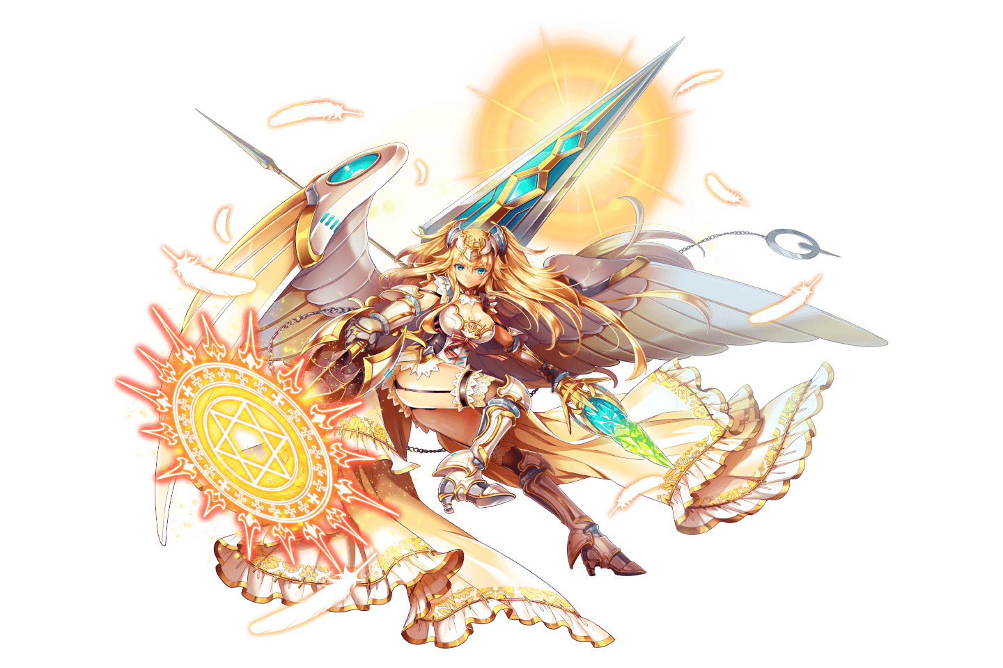 1girl artist_request bad_source blonde_hair blue_eyes bow breasts cleavage collar feathers full_body hexagram high_heels holding holding_polearm holding_staff holding_weapon kamihime_project long_hair magic_circle mechanical_wings michael_(kamihime_project) official_art polearm staff star_of_david third-party_source transparent_background weapon wings