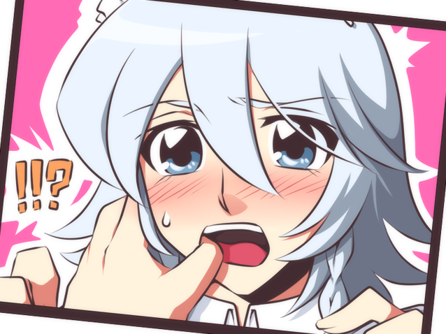 !? 1other blue_eyes blush eyepatch finger_in_another&#039;s_mouth hair_between_eyes izayoi_sakuya looking_at_viewer neko_majin open_mouth portrait short_hair speech_bubble sweatdrop teeth tongue touhou white_hair