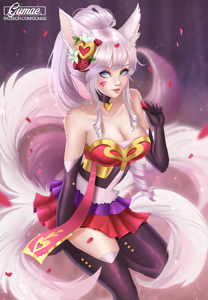 1girl ahri_(league_of_legends) animal_ears artist_name bare_shoulders black_gloves black_legwear blue_eyes choker collarbone drill_hair elbow_gloves facial_mark female_focus flower fox_ears fox_tail gloves grey_hair gumae hair_flower hair_ornament heart heart_choker heart_hair_ornament heartseeker_ahri high_ponytail holding league_of_legends leg_up long_hair looking_at_viewer multiple_tails parted_lips petals ponytail realistic red_skirt skirt solo tail very_long_hair watermark web_address whisker_markings