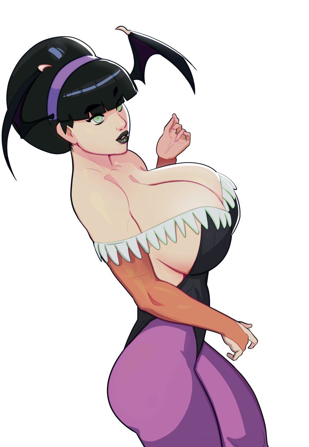 1girl avatar:_the_last_airbender avatar_legends bat_wings black_hair black_leotard black_lips blind breasts capcom cleavage cosplay darkstalkers green_eyes head_wings highres huge_breasts large_breasts leotard lipstick makeup morganagod morrigan_aensland morrigan_aensland_(cosplay) toph_beifong wings