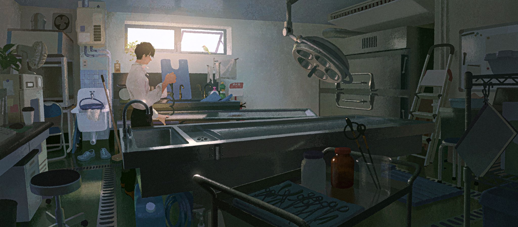 1boy air_conditioner bird black_hair black_pants bottle bucket chair computer_keyboard computer_mouse crocs cup desk disposable_cup drain_(object) electric_fan faucet fujimoto_gold grate highres holding indoors ladder mop morgue no_lineart operatory_light original pants scenery scissors shirt shirt_tucked_in short_hair sink soap_bottle solo standing stool towel unworn_footwear white_shirt wide_shot window