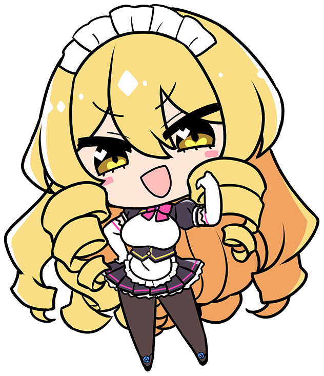 1girl apron black_dress black_skirt blonde_hair blush bow bowtie breasts collar_jewel derauea dress drill_hair drill_sidelocks elbow_gloves femme_de_menage_maid_academy_uniform flower footwear_flower frilled_apron frills game_cg gem gloves hand_on_own_hip heart heart_in_eye large_breasts long_hair looking_at_viewer maid maid_apron maid_headdress makina_le_blanchette milk_factory miniskirt motto!_haramase!_honoo_no_oppai_isekai_oppai_maid_gakuen! non-web_source official_art ojou-sama_pose open_mouth pantyhose pink_bow pink_bowtie puffy_short_sleeves puffy_sleeves purple_brooch purple_gemstone short_sleeves sidelocks skirt smile solo symbol_in_eye transparent_background very_long_hair waist_apron white_apron white_gloves