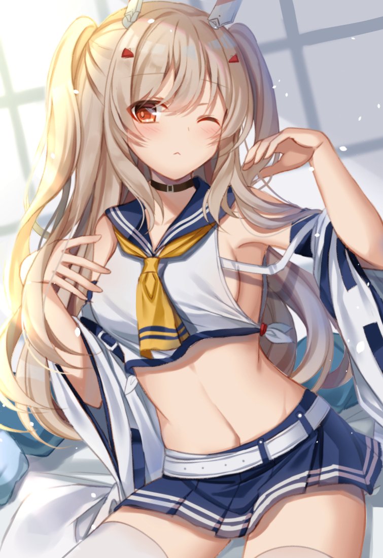 1girl ;&lt; alternate_hairstyle armpits ascot ayanami_(azur_lane) ayanami_(retrofit)_(azur_lane) azur_lane bed bed_sheet belt blue_skirt choker collarbone commentary_request detached_sleeves eyes_visible_through_hair hair_ornament hairclip headgear long_hair looking_at_viewer midriff navel orange_eyes pleated_skirt ponytail retrofit_(azur_lane) school_uniform serafuku sidelocks silver_hair sitting skirt solo sugisaki_yuu thighhighs two_side_up white_thighhighs wide_sleeves zettai_ryouiki