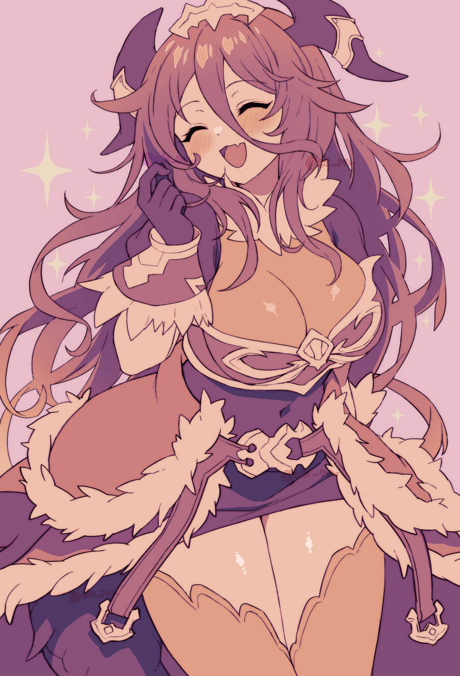 1girl blush breasts cleavage closed_eyes covered_navel dragalia_lost dragon_girl dragon_horns dragon_tail ekra facing_viewer fang gloves highres horns large_breasts long_bangs long_hair mym_(dragalia_lost) open_mouth skin_fang solo tail thighhighs twitter_username very_long_hair