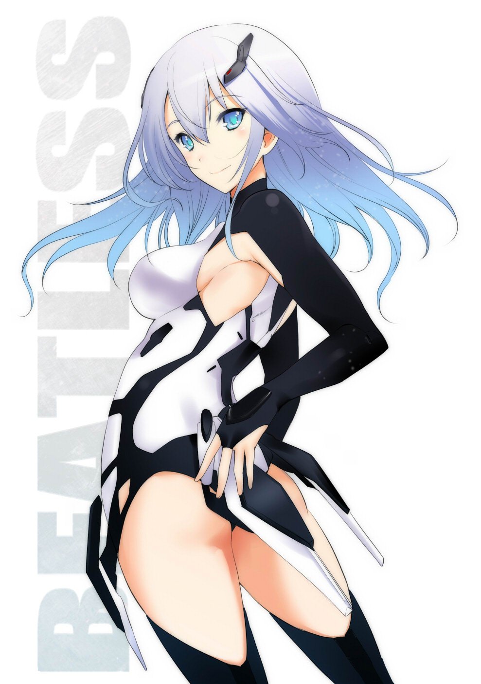 1girl android armpit_cutout armpits ass beatless blue_eyes blue_hair bodysuit breasts clothing_cutout copyright_name cropped_legs gradient_hair hand_on_own_hip highres leicia long_hair looking_back mecha_musume multicolored_hair sideboob simple_background smile standing thighhighs thighs thumb_hole_sleeves turtleneck turtleneck_bodysuit uguisu_kagura white_background