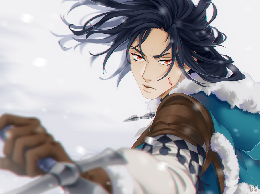 1boy aqua_capelet armor blood blood_on_face blue_hair brown_gloves capelet closed_mouth commentary english_commentary felix_hugo_fraldarius felix_hugo_fraldarius_(timeskip) fire_emblem fire_emblem:_three_houses floating_hair fur-trimmed_capelet fur_trim gloves hair_down holding holding_sword holding_weapon hood hood_down hooded_capelet leather_armor long_sleeves looking_at_viewer lower_eyelashes_only male_focus nintendo orange_eyes ruebird shirt solo sword upper_body weapon white_background white_shirt