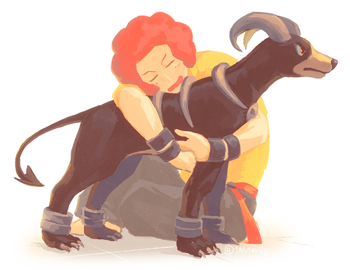 1boy afro animal animal_hug blush closed_eyes flint_(pokemon) gen_2_pokemon houndoom inumura_(inu_noya) male_focus nintendo open_mouth pokemon pokemon_dppt red_hair shirt simple_background solo white_background wristband yellow_shirt