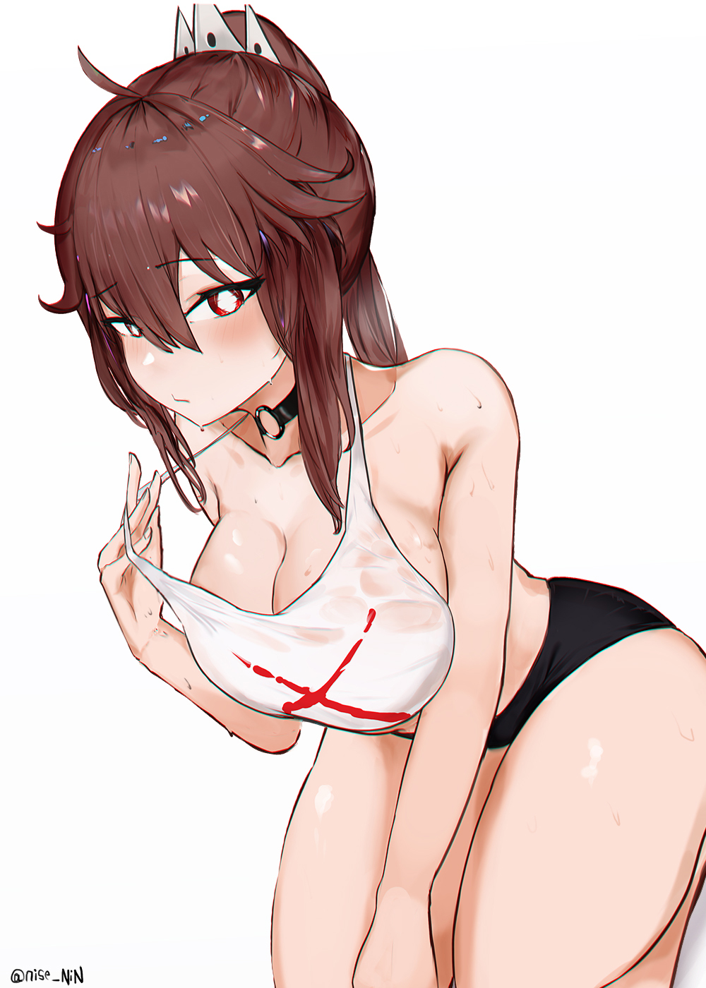 1girl ahoge alternate_breast_size bare_shoulders black_shorts blush breasts brown_hair choker cleavage closed_mouth collarbone crop_top crown hair_between_eyes highres large_breasts leaning_forward liz_(nin_fake) long_hair looking_at_viewer micro_shorts nin_fake o-ring o-ring_choker original ponytail red_eyes seiza shirt short_shorts shorts sidelocks simple_background sitting solo strap_pull sweat tank_top thighs wet wet_clothes wet_shirt white_background white_tank_top