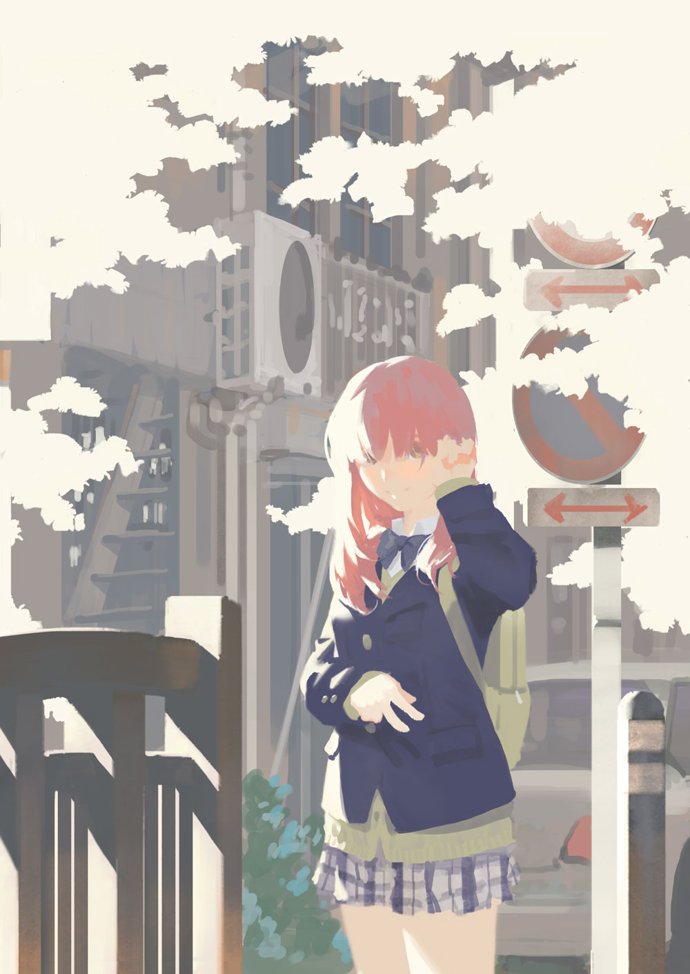 1girl backpack bag blazer blue_jacket blueman bow bowtie building car cardigan closed_mouth collared_shirt cowboy_shot hand_up highres jacket koe_no_katachi long_hair long_sleeves looking_at_viewer motor_vehicle nishimiya_shouko outdoors paw_pose pink_hair plaid_clothes plaid_skirt pleated_skirt road_sign school_uniform shirt sign skirt solo standing v