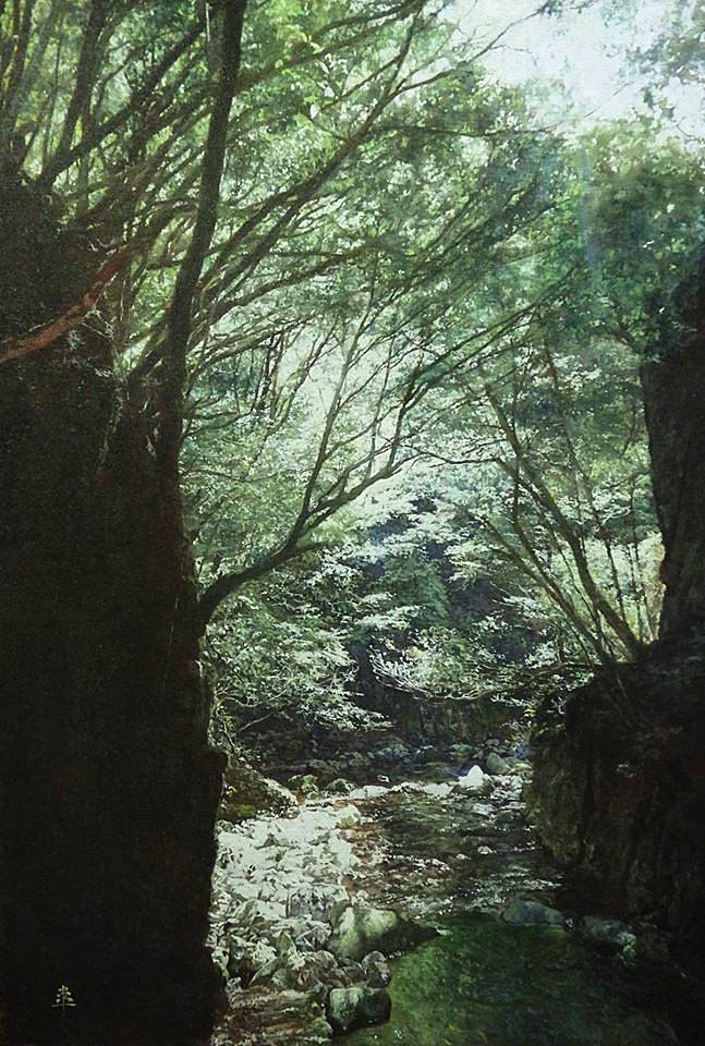 bush commentary_request dappled_sunlight forest grass jungle moss naohiro_ito nature no_humans oil_painting_(medium) original outdoors painting_(medium) photorealistic plant realistic river riverbank rock sapling scenery shadow sunlight traditional_media tree tree_shade vines water