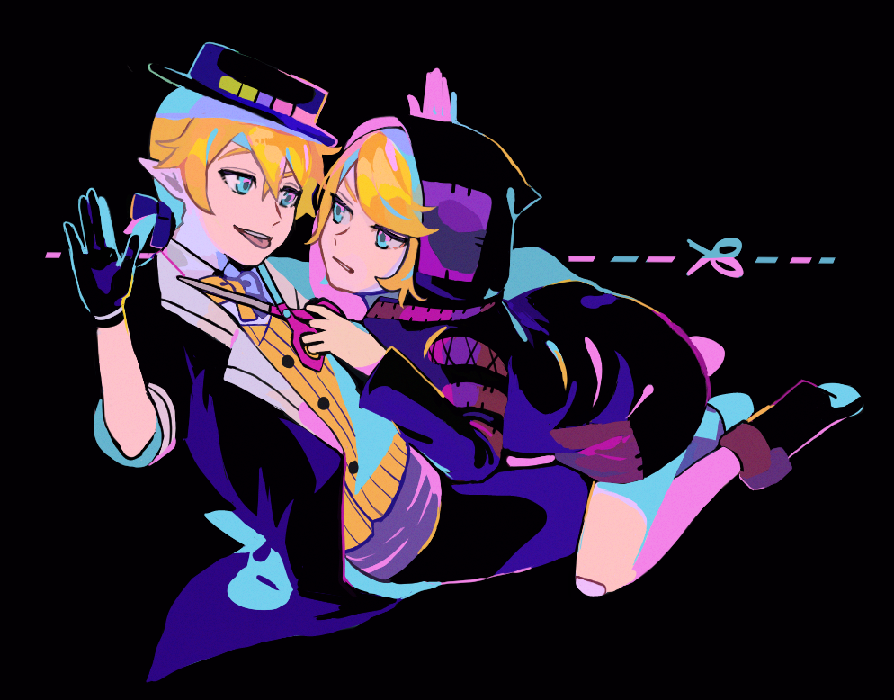 1boy 1girl arms_up bent_over black_background black_gloves blade_to_throat blonde_hair blue_eyes bow bowtie eye_contact eyebrows_hidden_by_hair gloves hair_between_eyes holding holding_scissors kagamine_len kagamine_rin kneeling lapels long_sleeves looking_at_another neon_palette notched_lapels nunosei parted_bangs parted_lips patch pointy_ears project_diva_(series) scissors kagamine_rin_(scissors) short_sleeves simple_background tokyo_teddy_bear_(vocaloid) tongue tongue_out kagamine_len_(tricker) vest vocaloid waistcoat yellow_bow yellow_bowtie yumekui_shirokuro_baku_(vocaloid)