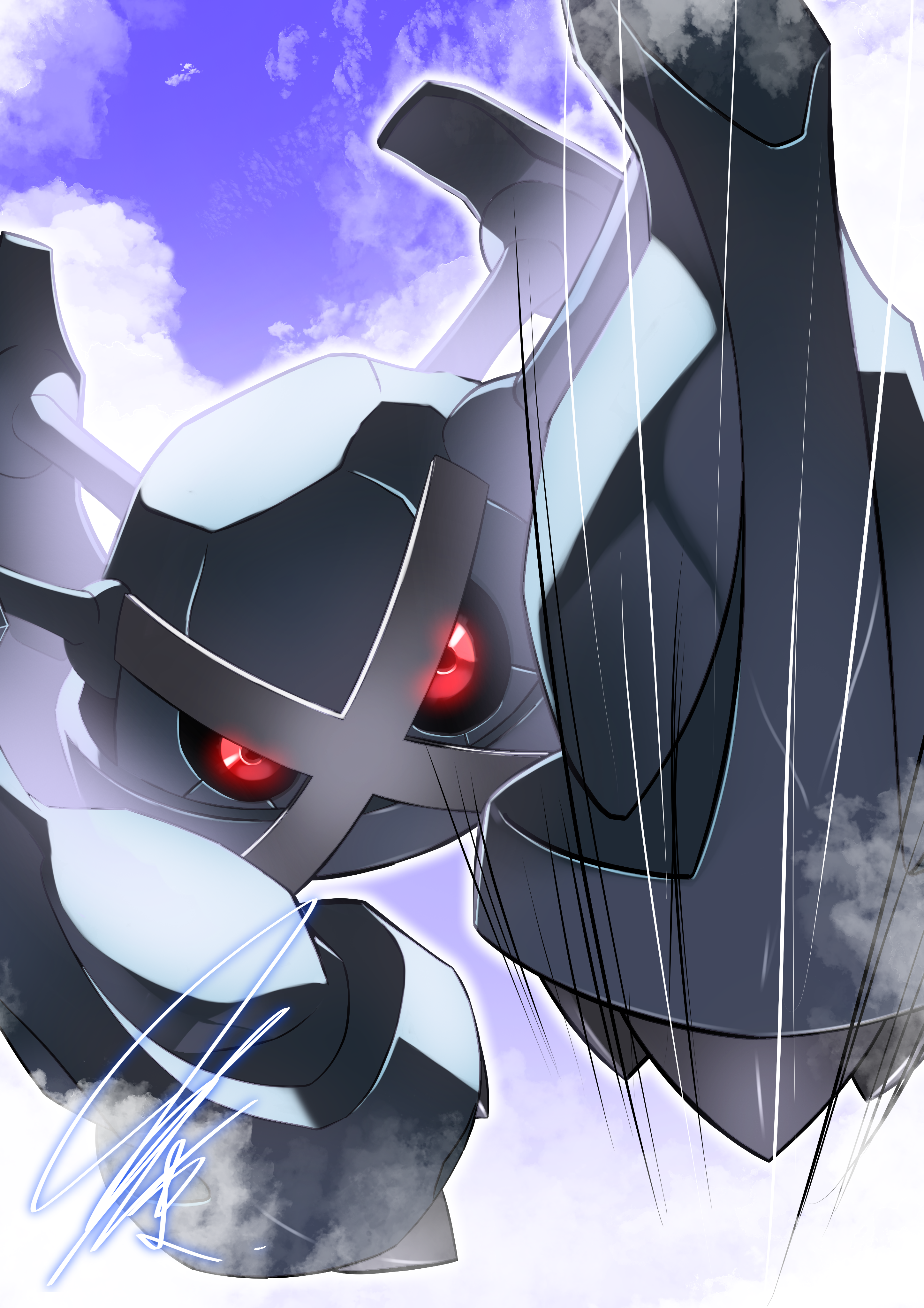 absurdres blue_sky cloud dynamic_pose flying from_below full_body game_freak gen_3_pokemon glowing glowing_eyes highres looking_at_viewer metagross metal_skin mitsukuma448 motion_lines nintendo no_humans outdoors pokemon pokemon_(creature) purple_sky red_eyes robot signature sky solo speed_lines x_mark