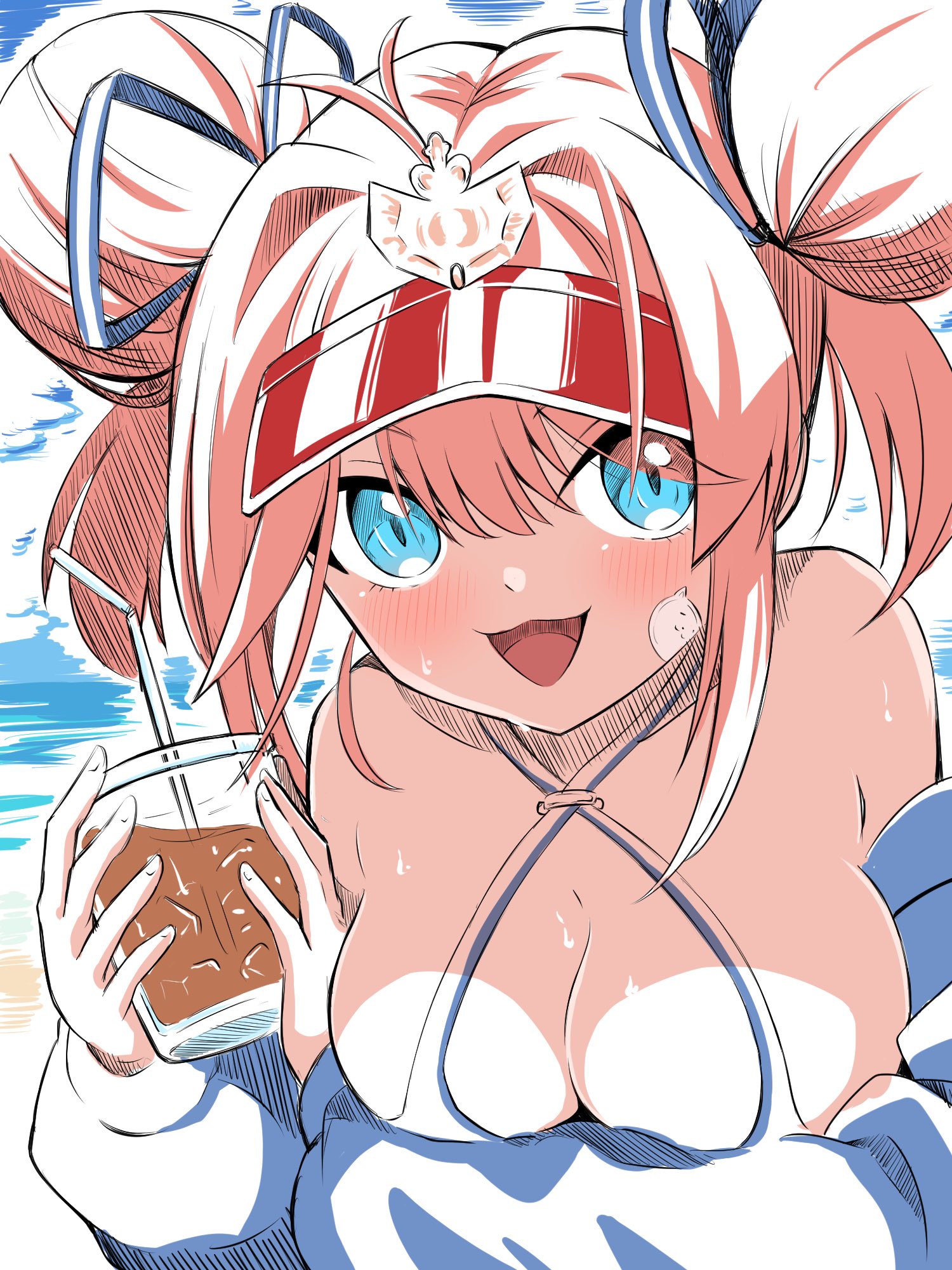 1girl :d azur_lane bandaid bandaid_on_face bare_shoulders blue_eyes blue_jacket blush breasts cleavage commentary_request criss-cross_halter double_bun drinking_straw gallant_(azur_lane) gallant_(express-ive_delivery)_(azur_lane) hair_bun halterneck highres huge_hair_bun jacket large_breasts looking_at_viewer misopiero official_alternate_costume open_mouth outdoors pink_hair sand smile solo sweat upper_body water