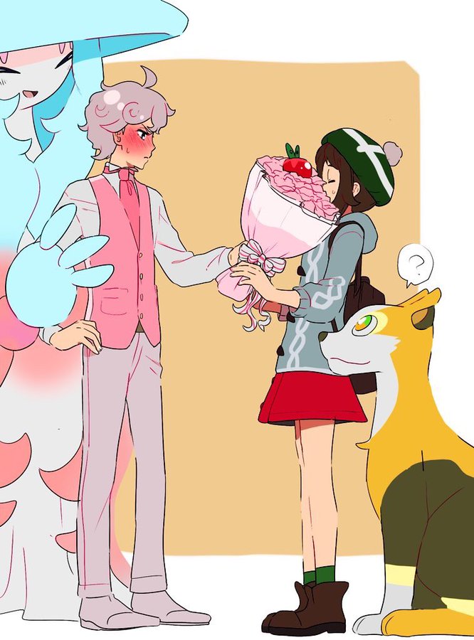 1boy 1girl ? ahoge alternate_costume applin backpack bag bede_(pokemon) blush boltund boots bouquet brown_bag brown_footwear brown_hair cable_knit cardigan closed_mouth commentary_request curly_hair dress flower from_side gen_8_pokemon gloria_(pokemon) green_headwear green_legwear grey_cardigan grey_hair hand_on_own_hip hat hatterene hetero holding holding_bouquet hood hooded_cardigan nashubi_(to_infinity_wow) necktie nintendo pants pink_flower pink_neckwear pink_vest pokemon pokemon_(creature) pokemon_swsh red_dress shirt short_hair socks spoken_question_mark standing sweatdrop tam_o&#039;_shanter vest