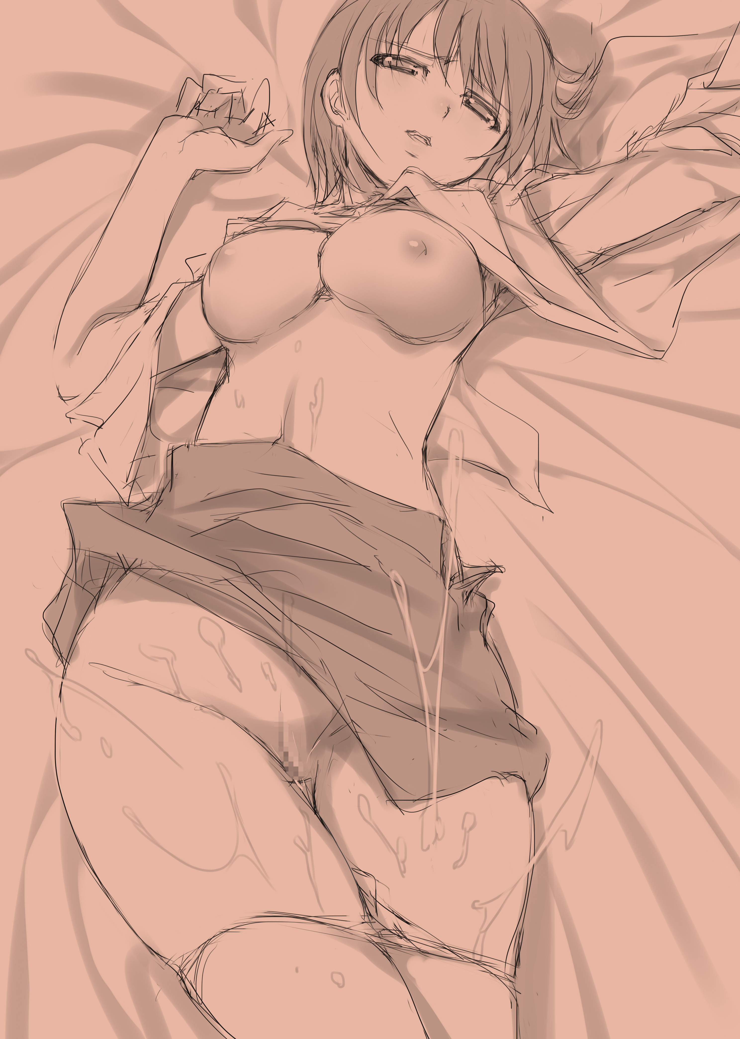 1girl absurdres aftersex breasts clothes_lift cum cum_on_body highres large_breasts looking_at_viewer lyrical_nanoha mahou_shoujo_lyrical_nanoha_strikers mikazuki_akira! military_uniform monochrome nipples no_bra open_mouth panties panty_pull pussy shirt_lift solo takamachi_nanoha tsab_air_military_uniform underwear