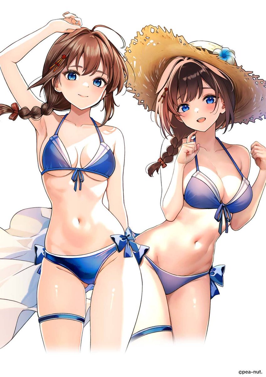 1girl :d ahoge bikini blue_bikini blue_eyes braid breasts brown_hair cleavage commentary_request cowboy_shot dated front-tie_bikini_top front-tie_top hair_flaps hair_over_shoulder halterneck hanako_(peanut) hat highres kantai_collection large_breasts long_hair looking_at_viewer medium_breasts navel official_alternate_costume open_mouth revision shigure_(kancolle) shigure_kai_san_(kancolle) shigure_kai_san_(swimsuit)_(kancolle) side-tie_bikini_bottom simple_background single_braid smile solo straw_hat string_bikini sun_hat swimsuit underboob unworn_shirt white_background