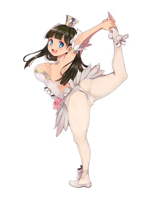 1girl ballerina ballet ballet_slippers black_hair blue_eyes breasts crown dairoku_ryouhei flexible full_body large_breasts leg_lift long_hair looking_at_viewer official_art open_mouth pantyhose photoshop_(medium) ryoji_(nomura_ryouji) solo stretching transparent_background tutu