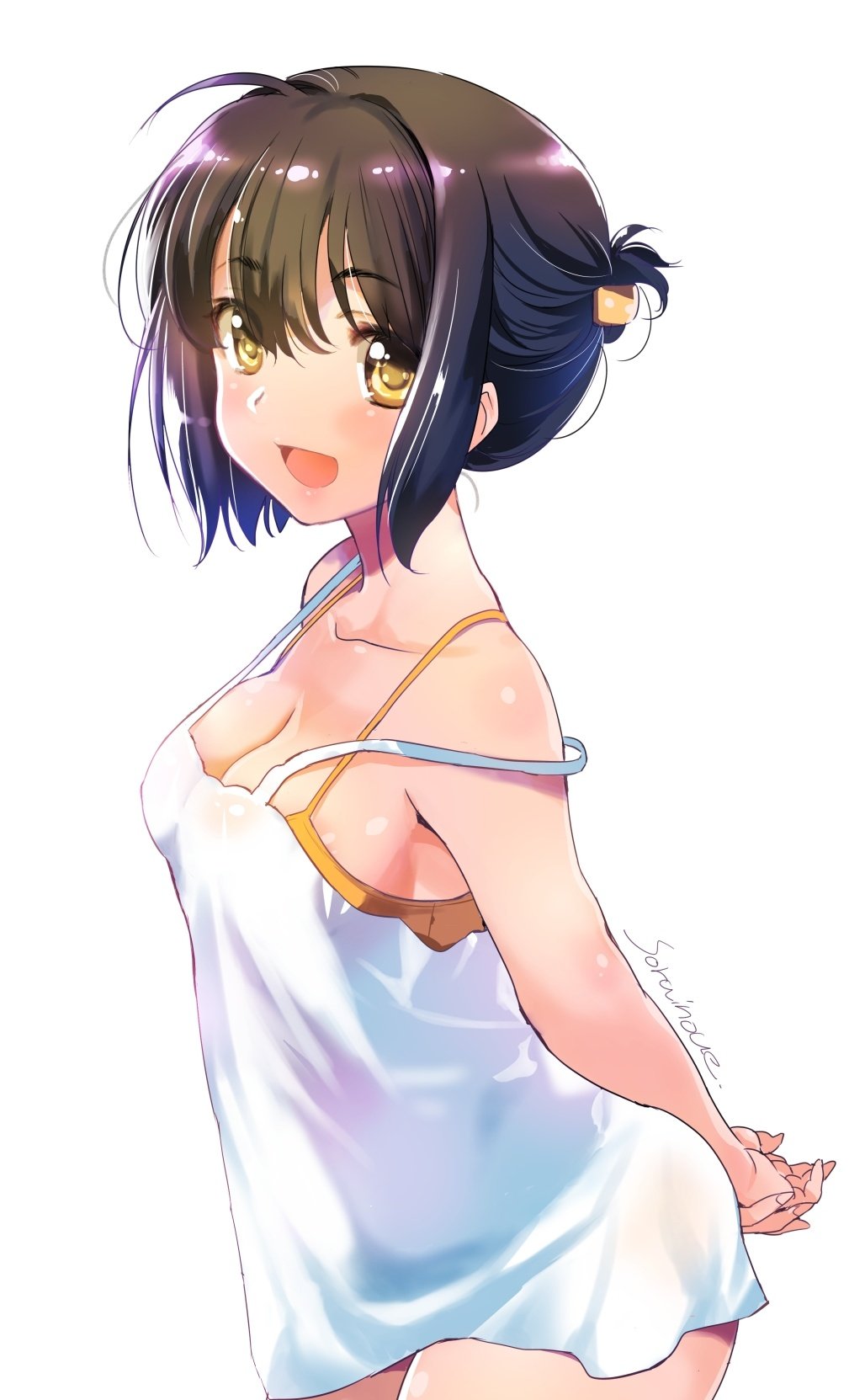1girl ahoge arms_behind_back black_hair blush bra breasts camisole cleavage collarbone folded_ponytail highres idolmaster idolmaster_cinderella_girls inoue_sora looking_at_viewer medium_breasts open_mouth own_hands_together simple_background smile solo takafuji_kako underwear white_background white_camisole yellow_bra