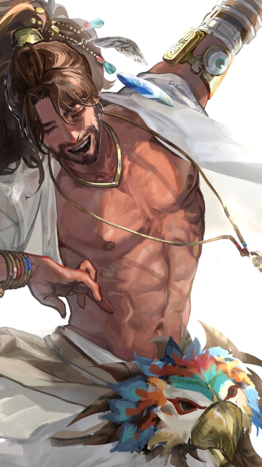 1boy abs bangle beard bracelet close-up closed_eyes commentary dancing dark_skin docabo11 english_commentary facial_hair feathers hair_tie highres indian jewelry long_hair male_focus mechanical_arms muscular muscular_male navel nipples open_mouth pectorals reverse:1999 shamane smile