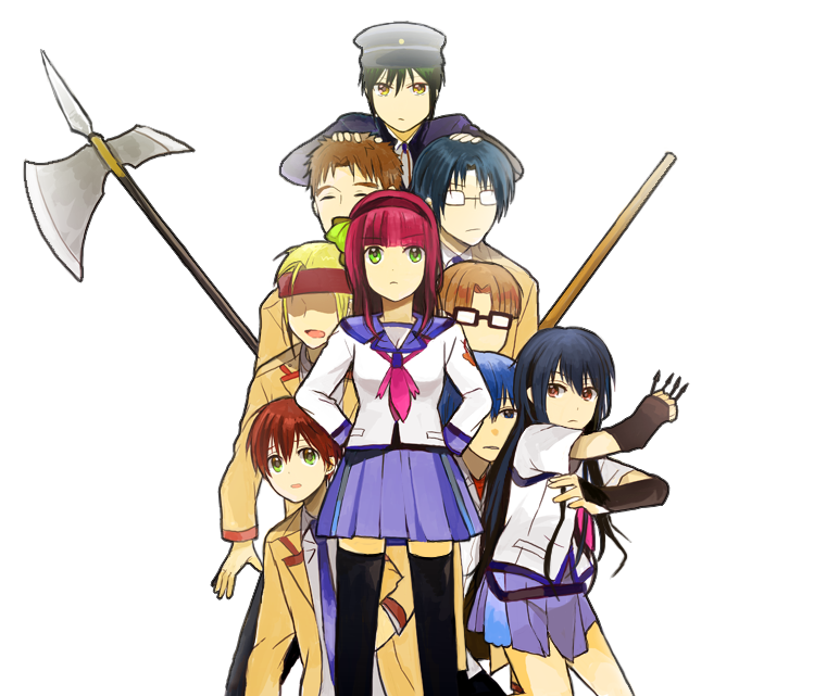 10s 2girls 6+boys angel_beats! aya_tori fujimaki_(angel_beats!) halberd hat hinata_hideki matsushita_(angel_beats!) multiple_boys multiple_girls nakamura_yuri naoi_ayato ooyama_(angel_beats!) polearm scarf school_uniform serafuku shiina_(angel_beats!) shirasaya takamatsu_(angel_beats!) takeyama_(angel_beats!) thighhighs tk_(angel_beats!) weapon