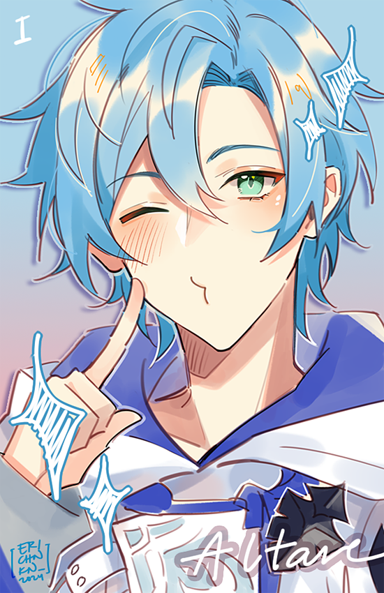 1boy blue_background blue_hair blush character_name coll_(erichankun) curtained_hair finger_to_cheek green_eyes hair_between_eyes holostars holostars_english hood hoodie index_finger_raised long_sleeves looking_at_viewer male_focus one_eye_closed portrait pout regis_altare short_hair sparkle virtual_youtuber white_hoodie