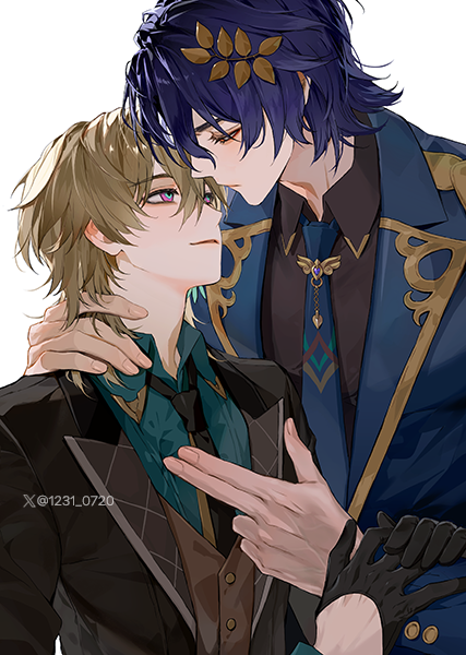 2boys aqua_shirt artist_name aventurine_(honkai:_star_rail) black_gloves black_jacket black_necktie black_shirt blonde_hair blue_eyes blue_jacket blue_necktie brown_vest buttons closed_mouth collared_shirt commentary crossed_bangs dr._ratio_(honkai:_star_rail) eye_contact gloves hair_between_eyes hair_ornament half_gloves hand_on_another&#039;s_neck hands_up honkai:_star_rail honkai_(series) jacket lapels long_sleeves looking_at_another male_focus multicolored_eyes multiple_boys necktie np_(1231_0720) open_clothes open_jacket parted_lips purple_eyes purple_hair red_eyes shirt short_hair simple_background smile symbol-only_commentary twitter_username twitter_x_logo upper_body vest white_background wing_collar yaoi
