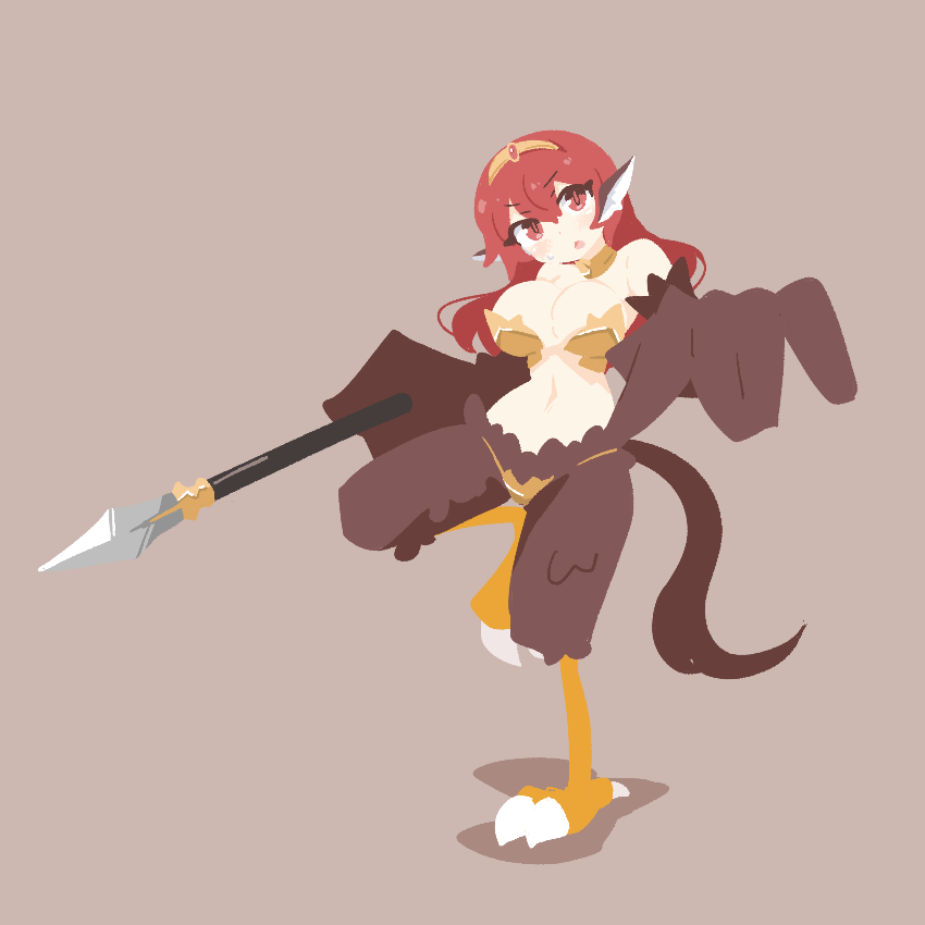 1girl animal_ears big_o_pants bird_ears bird_legs bird_tail blush breasts brown_background brown_feathers brown_wings cleavage commentary feather_fingers feathers fio-chan_(big_o_pants) harpy holding holding_polearm holding_weapon large_breasts long_hair looking_at_viewer monster_girl no_lineart open_mouth original polearm red_eyes red_hair solo spear standing standing_on_one_leg tail talons tiara weapon winged_arms wings