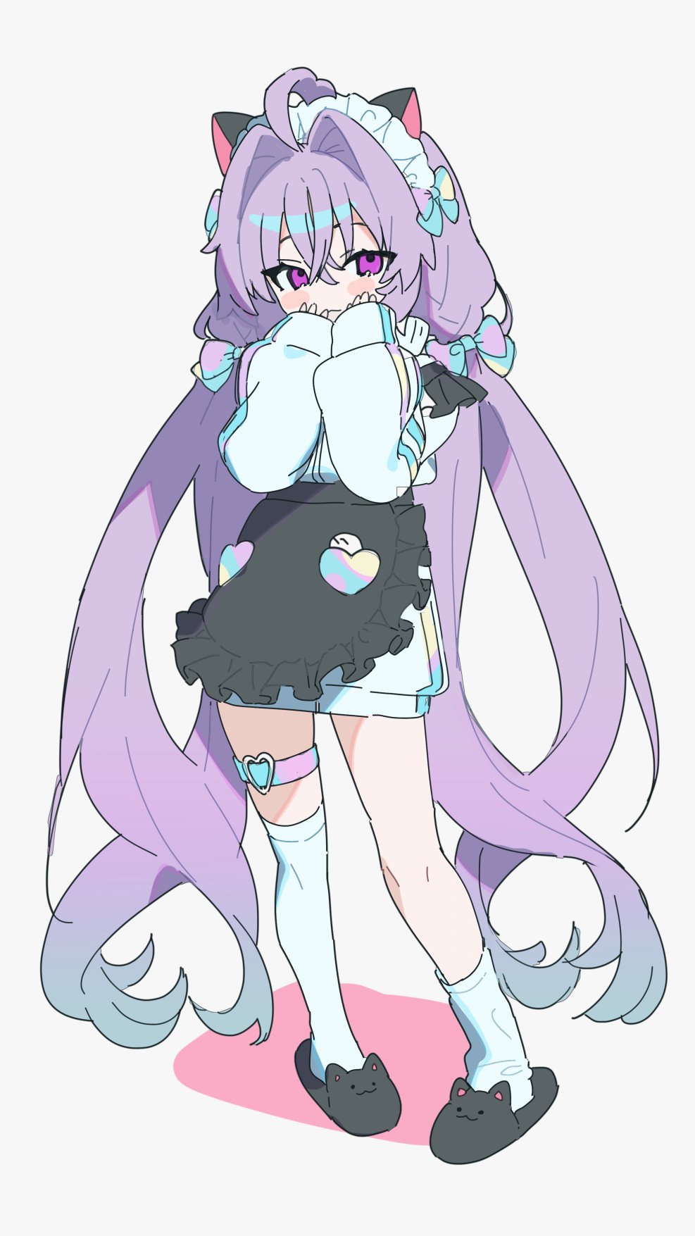1girl ahoge animal_ears apron asymmetrical_legwear black_apron black_slippers blue_hair blush bow cat_ears cat_slippers closed_mouth commentary full_body funa_(sakana) gradient_hair hair_between_eyes hair_bow hair_intakes highres holographic_thigh_strap jacket long_hair long_sleeves looking_at_viewer low_twintails maid_headdress multicolored_hair original purple_eyes purple_hair single_loose_sock single_thighhigh sleeves_past_wrists slippers socks solo thigh_strap thighhighs twintails very_long_hair waist_apron white_background white_jacket white_socks white_thighhighs