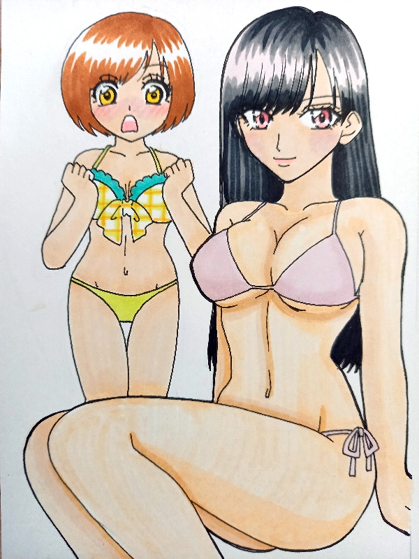 2girls bikini black_hair brown_eyes hayami_umika kaitou_sentai_lupinranger_vs._keisatsu_sentai_patranger kwai_chi long_hair multiple_girls myoujin_tsukasa pink_eyes short_hair super_sentai swimsuit yellow_eyes