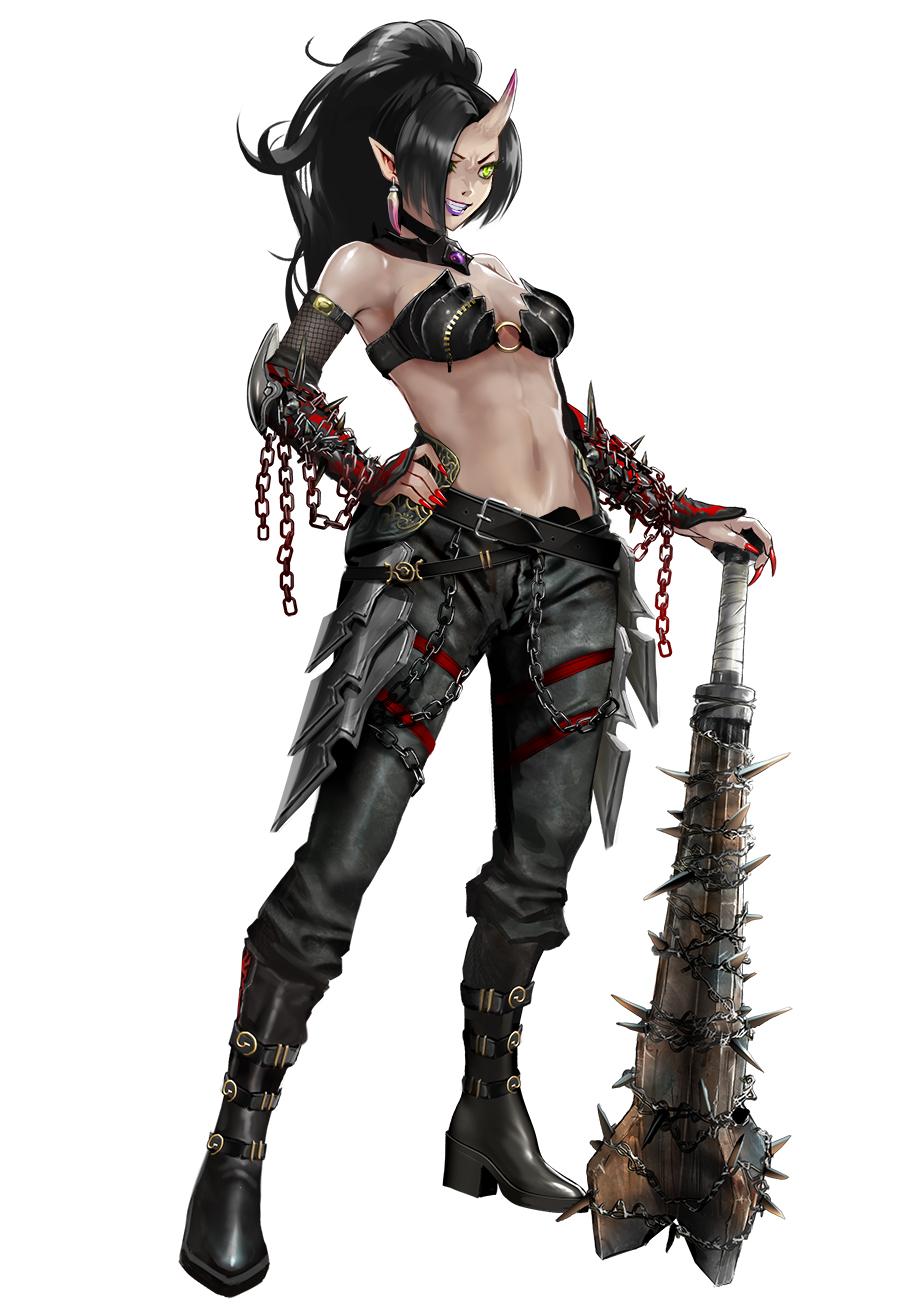 1girl armor bare_shoulders belt black_boots black_hair boots chain clenched_teeth club club_(weapon) copyright_request dark-skinned_female dark_skin earrings elbow_pads fingernails fishnets gem green_eyes grey_background hair_over_one_eye hand_on_hilt hand_on_own_hip hanekura_bou highres horns jewelry lipstick long_fingernails long_hair makeup nail_polish navel o-ring official_art oni pointy_ears ponytail purple_gemstone purple_horns purple_lips red_nails sharp_fingernails simple_background single_horn skin-covered_horns smile solo spiked_armor spiked_club spikes standing teeth vambraces weapon white_background
