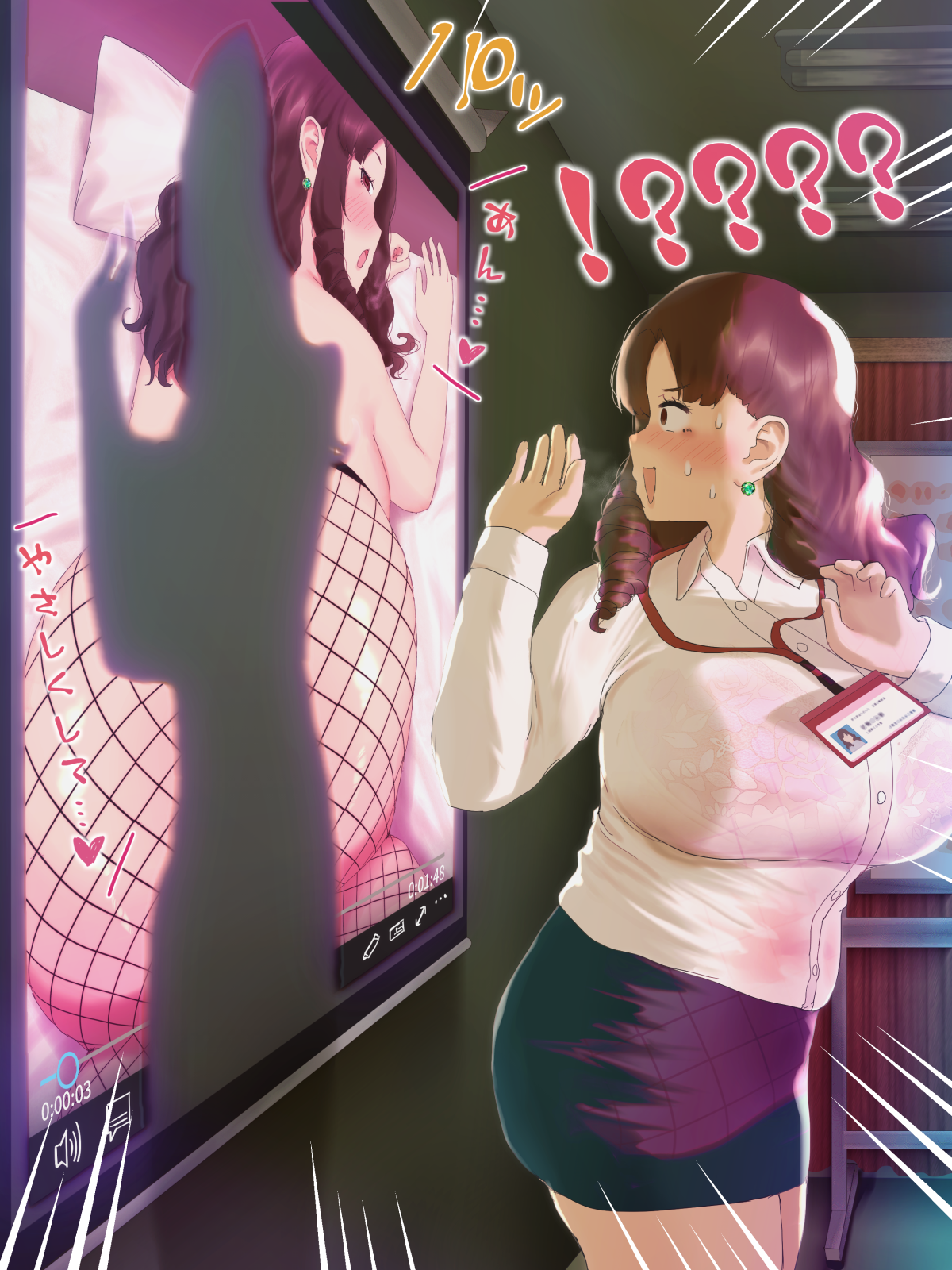 ryokucha michi, original, commentary request, highres, translation request,  1girl, :d, accidental exposure, all fours, ass, ass peek, badge, black  pantyhose, black skirt, blush, bra, bra visible through clothes, breasts,  brown hair, classroom,