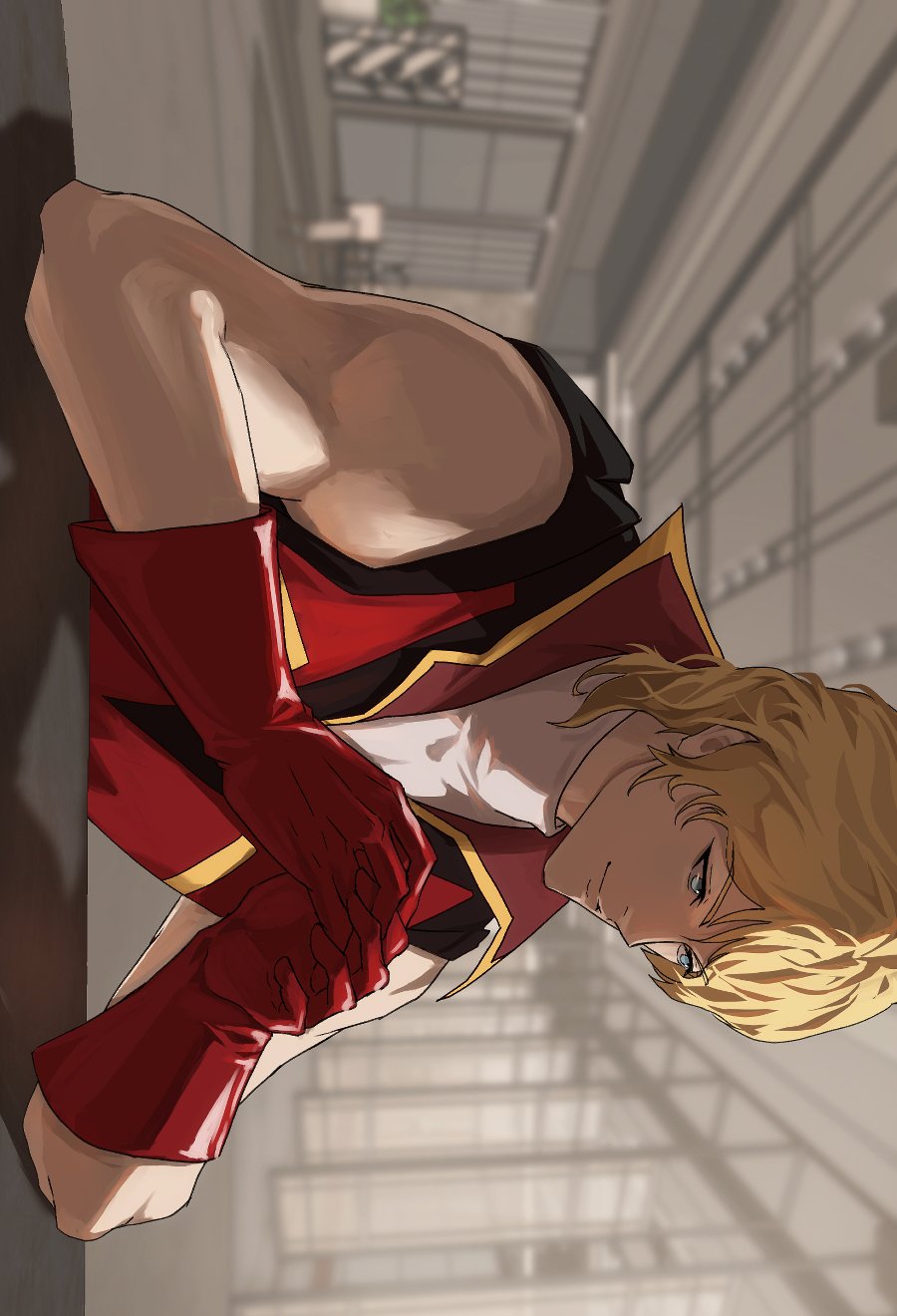 1boy blonde_hair blue_eyes commentary gloves gundam highres male_focus military_uniform quattro_bajeena red_gloves shirt short_hair sideways sleeveless sleeveless_shirt smile solo turtleneck upper_body zerozany zeta_gundam