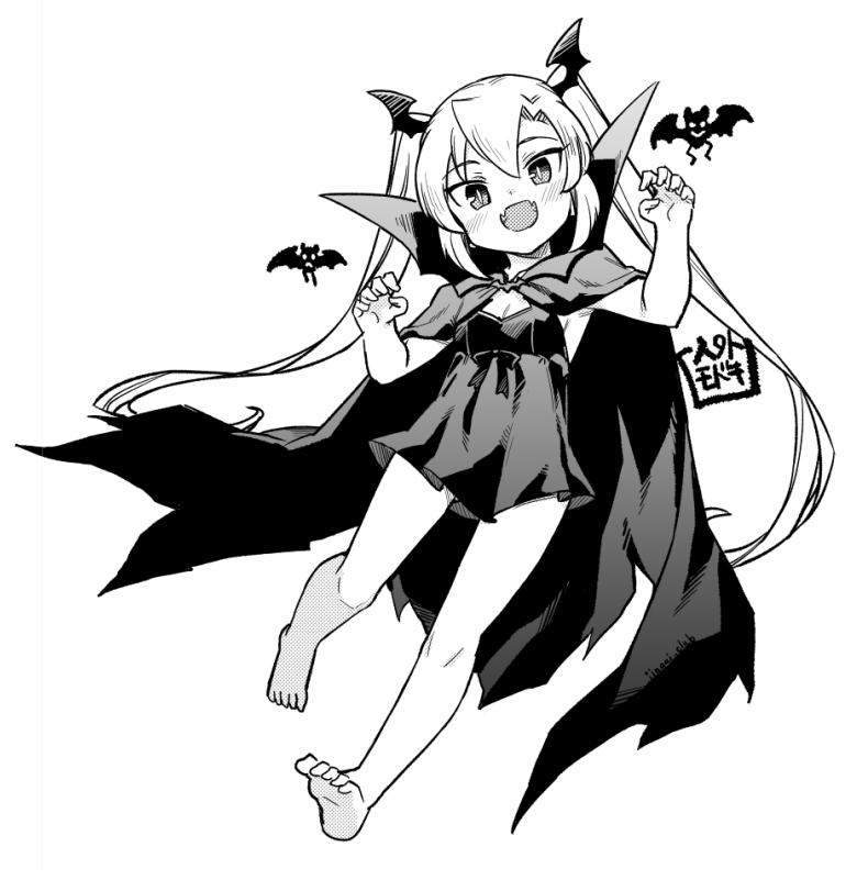 1girl :d artist_name barefoot bat_(animal) bat_wings blush claw_pose cloak commentary_request fangs feet full_body greyscale hair_between_eyes head_wings jingai_modoki long_hair looking_at_viewer mon-musu_quest! monochrome mystical_high_collar nightgown open_mouth simple_background smile solo toes twintails vampire vanilla_(mon-musu_quest!) very_long_hair white_background wings