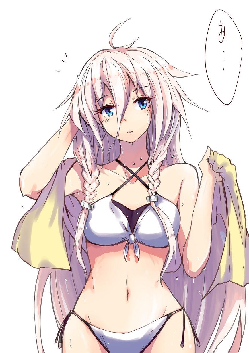 1girl bikini blonde_hair blue_eyes braid female_focus highres ia_(vocaloid) long_hair solo swimsuit towel twin_braids vocaloid wet zooanime