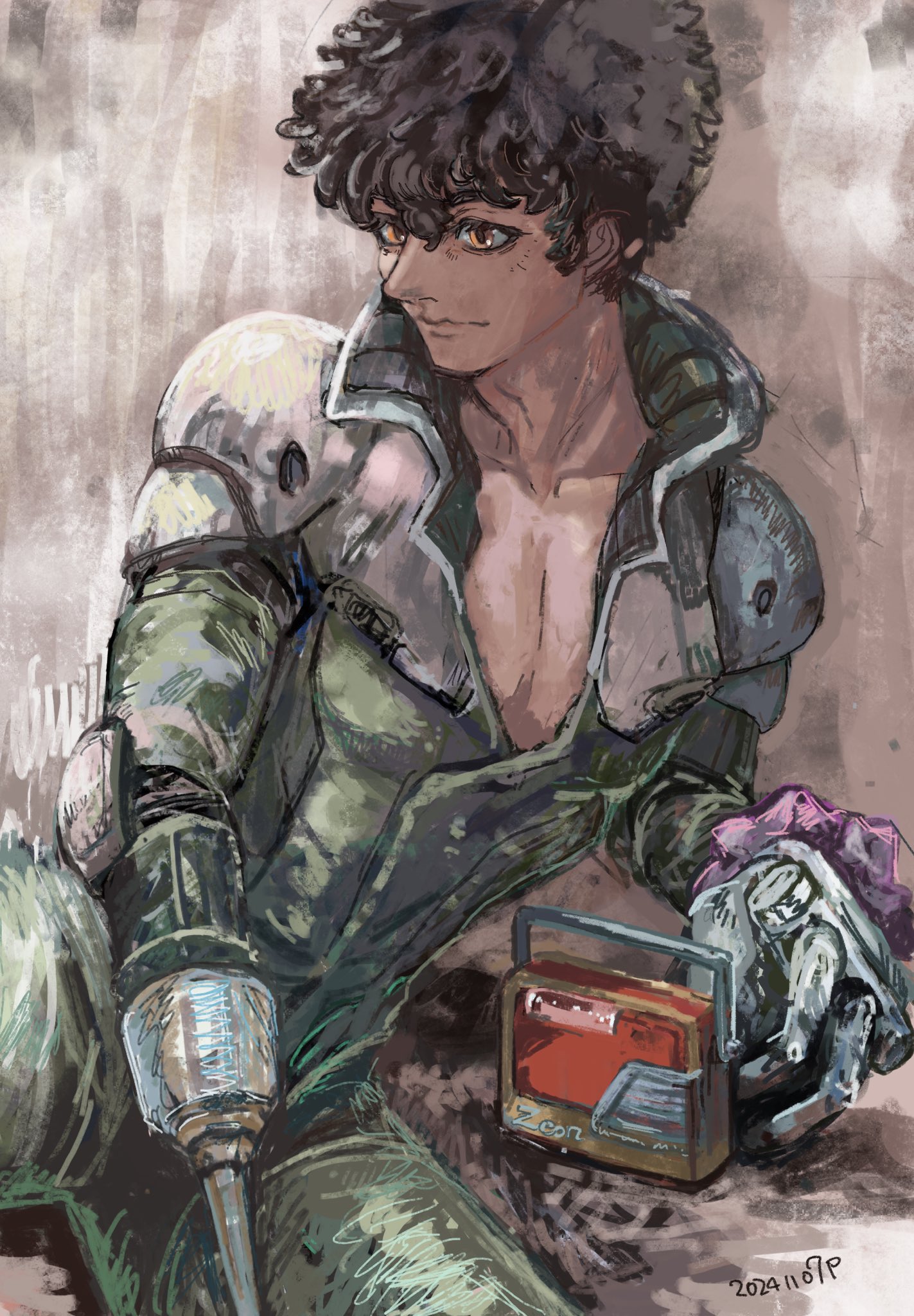 1boy afro bodysuit brown_background brown_eyes brown_hair closed_mouth commentary dark-skinned_male dark_skin daryl_lorenz english_commentary green_bodysuit gundam gundam_thunderbolt highres male_focus mecha_pilot_suit okrdisk2000 pectoral_cleavage pectorals prosthesis prosthetic_arm radio sitting solo