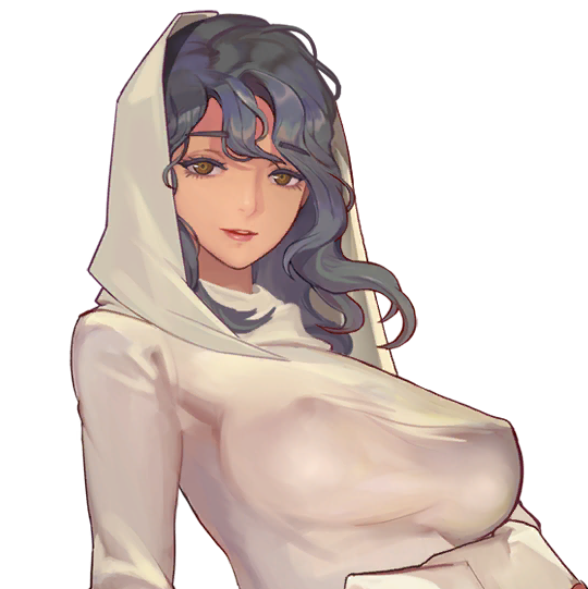 1girl arm_under_breasts blue_hair breasts brown_eyes covered_erect_nipples dress eva_(last_origin) eyebrows_hidden_by_hair female_focus game_cg hood hood_up hooded_dress large_breasts last_origin lips long_hair looking_at_viewer official_art prototype_eva rorobomb smile tight_clothes tight_dress transparent_background wavy_hair white_dress