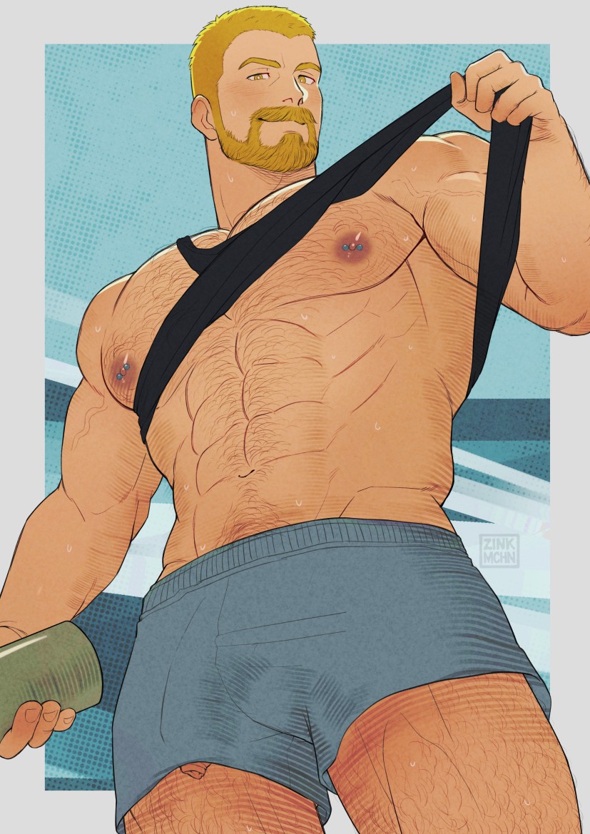 1boy abs artist_name bara beard black_tank_top blonde_facial_hair blonde_hair chest_hair clothes_lift commentary commission english_commentary facial_hair foreskin from_below full_beard large_pectorals leg_hair lifting_own_clothes looking_at_viewer male_focus muscular muscular_male navel navel_hair nipple_piercing nipples original pectorals penis penis_peek piercing shirt_lift short_hair short_shorts shorts solo sweat tank_top thighs veins veiny_arms yellow_eyes zink_(zink_mchn)