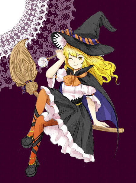 1girl alternate_costume ankle_lace-up blonde_hair broom broom_riding candy cape doily female_focus food hat hat_ribbon kirisame_marisa lollipop long_hair ma-hain-scarlet one_eye_closed orange_pantyhose pantyhose ribbon skirt smile solo touhou wink witch_hat yellow_eyes