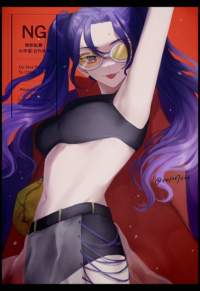 1girl ado_(utaite) arm_up black_shirt breasts commentary dated_commentary large_breasts letterboxed long_hair looking_at_viewer odo-chan_(ado) odo_(song) purple_hair shirt shouzai_(ooo1007ooo) solo stomach sunglasses tinted_eyewear tongue tongue_out twintails white-framed_eyewear yellow-tinted_eyewear