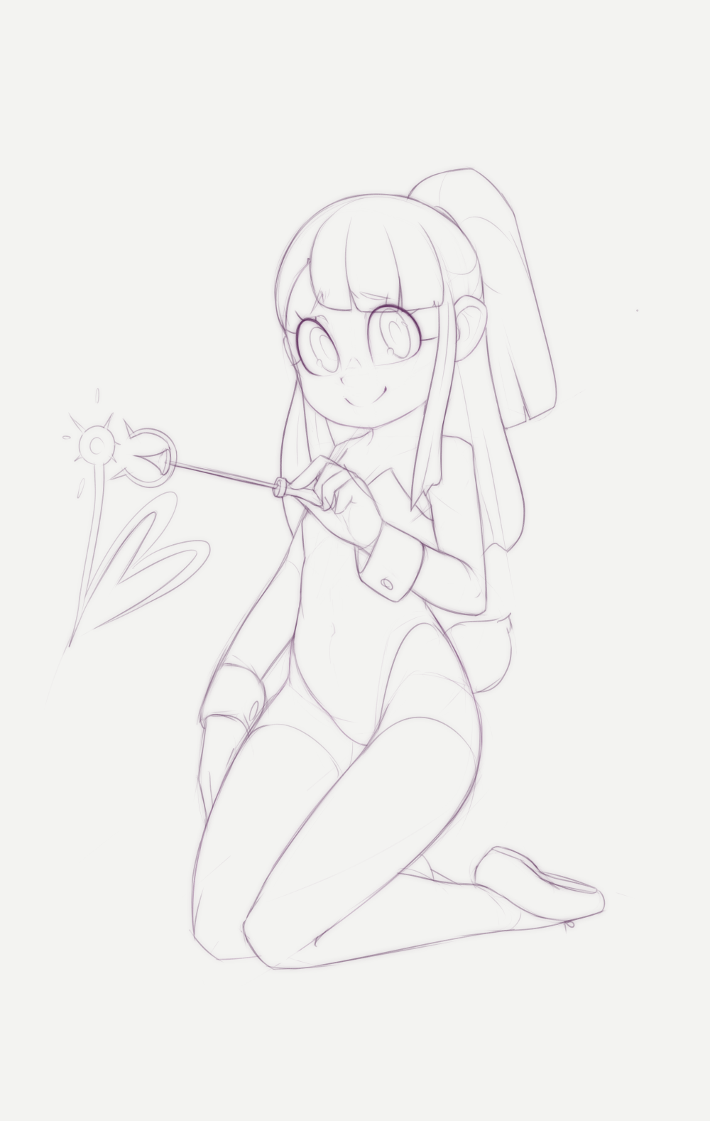 1girl arm_at_side bare_shoulders blunt_bangs closed_mouth covered_navel female_focus flat_chest full_body grey_background greyscale hand_up happy heart highres holding holding_wand kagari_atsuko kekitopu kneeling leotard little_witch_academia long_hair looking_at_viewer magic monochrome playboy_bunny ponytail rabbit_tail raised_eyebrows shoes short_tail sidelocks simple_background sketch smile solo split_mouth strapless strapless_leotard tail thighhighs wand wide-eyed wrist_cuffs